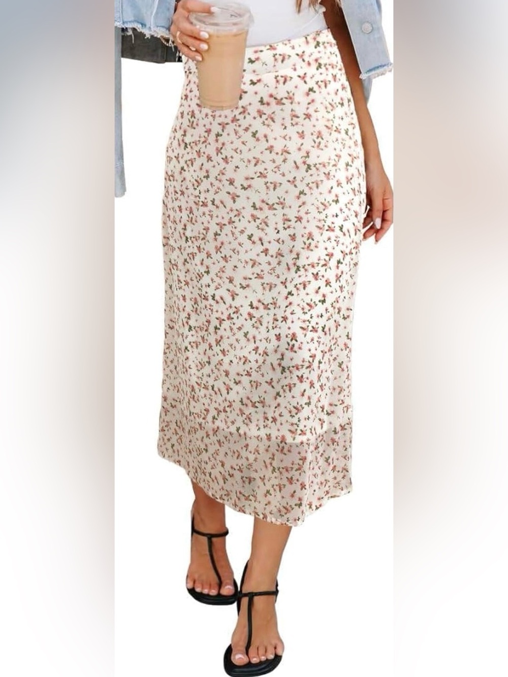 Light pink small flowers straight long skirt, Women’s XXL